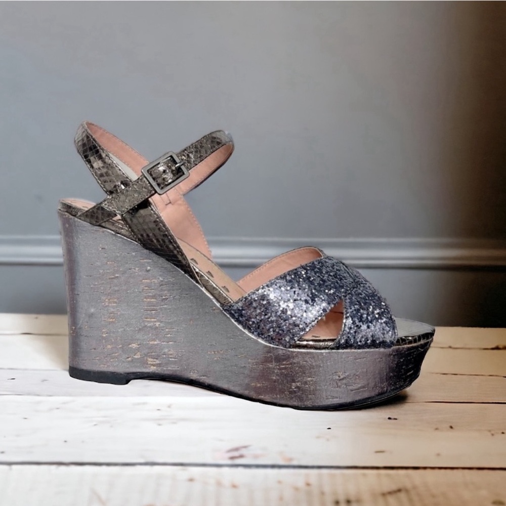 LIBBY‎ EDELMAN Willow Wedge Glitter Platform Sandals in Pewter  Size 6.5